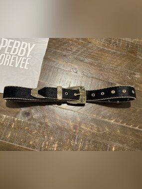 NEW Pebby Forevee Western Black Faux Fur Gold Buckle Belt Concert Fest Dance
